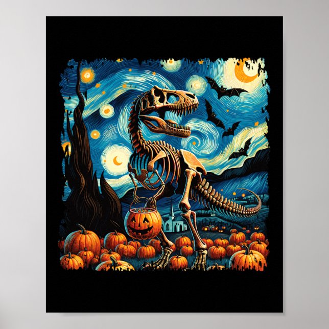 T-rex Skeleton Halloween Van Gogh Starry Night Fal Poster (Vorne)
