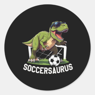 T-Rex spielt Fußball Dinosaurier Fußball spielen Runder Aufkleber