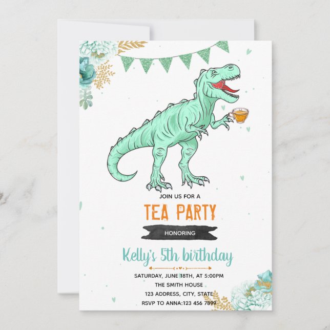 T-Rex-Teeparty Mädchen Einladung (Vorderseite)
