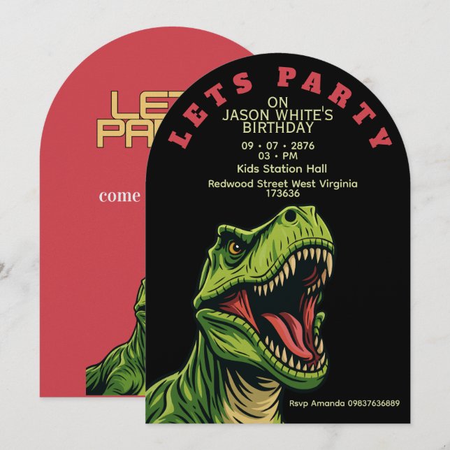T-Rex Themed Boy Birthday Invitation Einladung (Vorne/Hinten)
