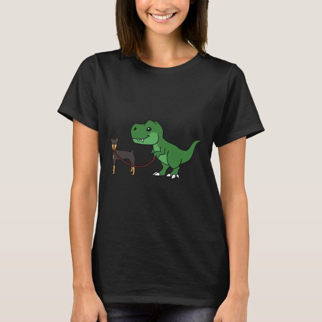 T Rex Walking Doberman T-Shirt (Vorderseite)