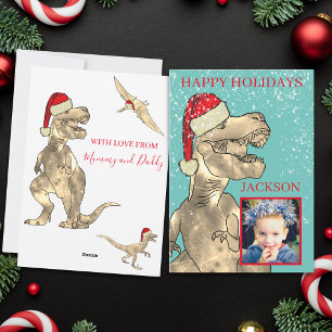 T Rex Weihnachtsmann Dinosaurier Foto Personalisie Feiertagskarte
