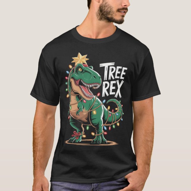 T-Rex Xmas Shirt – Dinosaurier mit Lichterkette (Vorderseite)