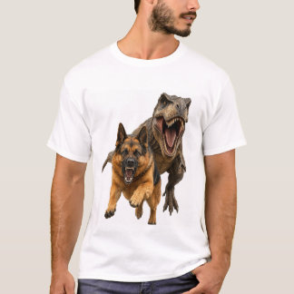 T-Shirt: Epischer Kampf Hund gegen Dinosaurier T-Shirt