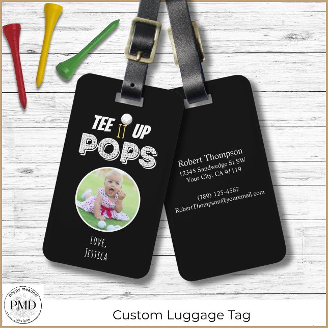 T-Shirt es auf Pop Custom Foto Vathage Day Black Gepäckanhänger (Tee It Up Pops Custom Photo Black Golf Luggage Tag with Child or Pet Photo, Name, Contact Info.)