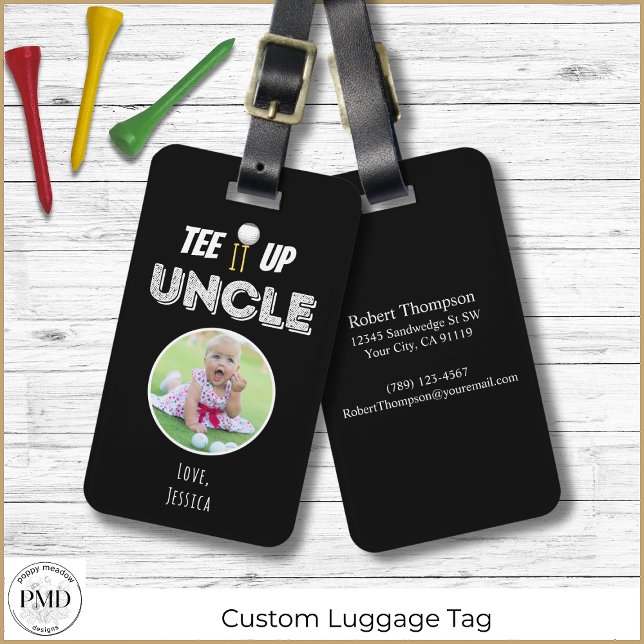 T-Shirt es oben Uncle Custom Foto Vathers Day Blac Gepäckanhänger (Tee It Up Uncle Custom Father's Day Black Luggage Tag with Child or Pet Photo, Contact Info.)
