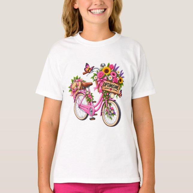 T-Shirt Frau Blumen « Optimismus » – Rosa Fahrrad  (Vorderseite)