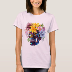 T-Shirt für Frauen mit Glas-Schädel und Frühlingsb