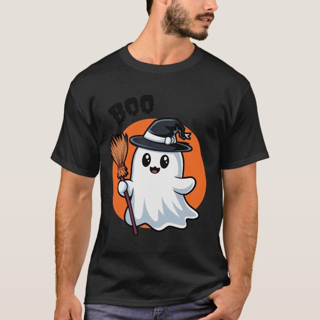 T - Shirt Halloween Ghost mit WItches Broom (Vorderseite)