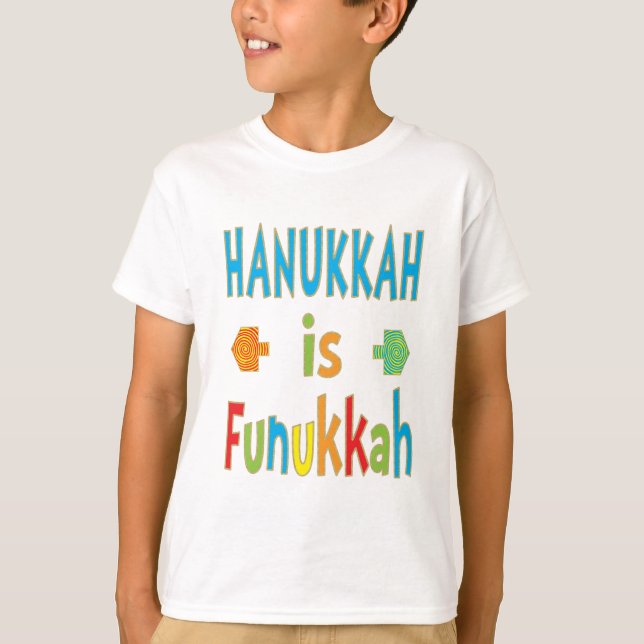 T - Shirt "Hanukkah is Funukkah" mit Dreideln (Vorderseite)