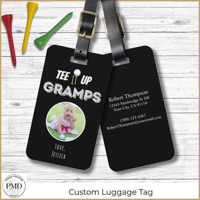 T-Shirt It Up Gramps Custom Foto Vathers Day Black Gepäckanhänger (Tee It Up Gramps Custom Photo Black Golf Luggage Tag with Child or Pet Photo, Name, Contact Info.)