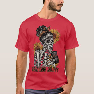 T-Shirt mit bleibendem Skelett-Trink-Sonnenblumen-