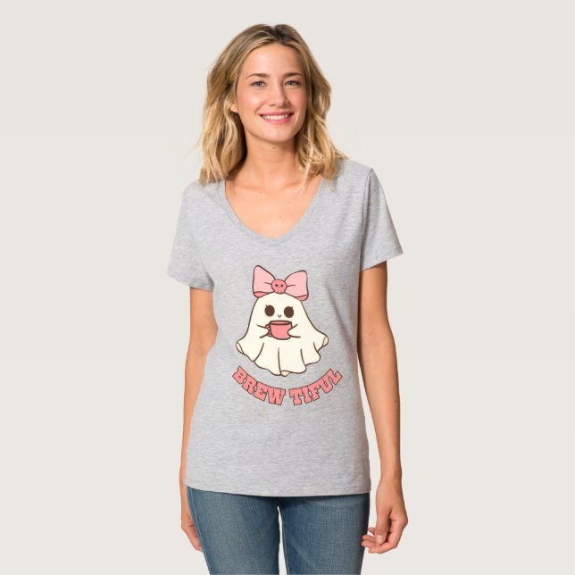 T-Shirt mit Geist, der Kaffee trinkt (Vorderseite Vollansicht)