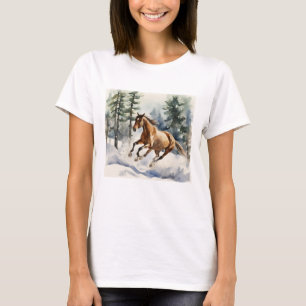 T-Shirt mit laufendem Pferd im Schnee