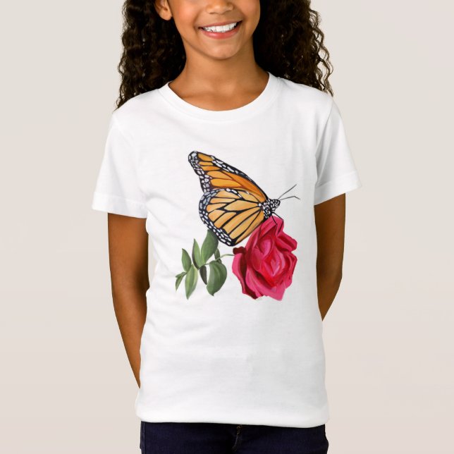 T - Shirt mit Monarch Butterfly auf Rote Rose (Vorderseite)