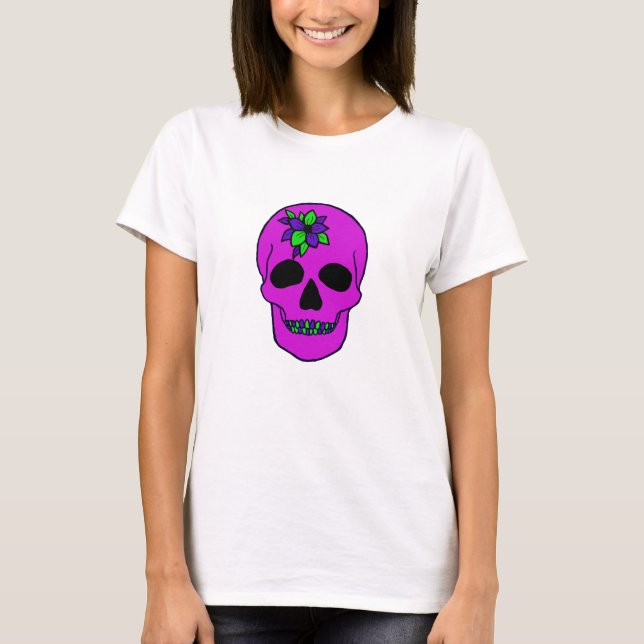 T- Shirt mit rosa Schädel und Blume (Vorderseite)