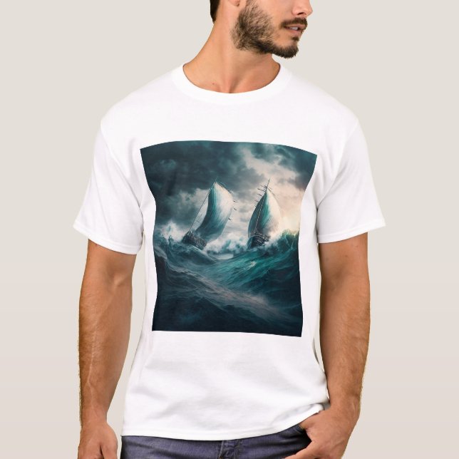 T - Shirt mit zwei Segelbooten im Sturm (Vorderseite)