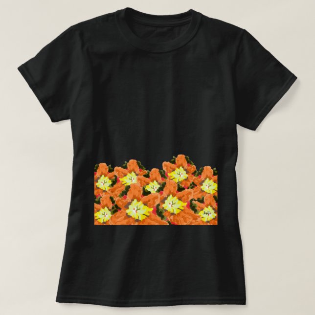 T - Shirt: Orangefarbene und gelbe Blumen T-Shirt (Design vorne)
