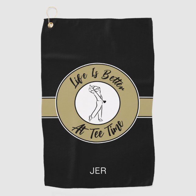 T-Shirt Time Golfer Spaß Sportmonogramm Schwarzes  Golfhandtuch (Vorderseite)