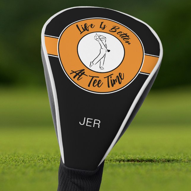 T-Shirt Time Golfer Sports Spaß Monogram Black Ora Golf Headcover (Tee Time Golfer Sports Humor Monogram Black Orange Golf Head Cover)