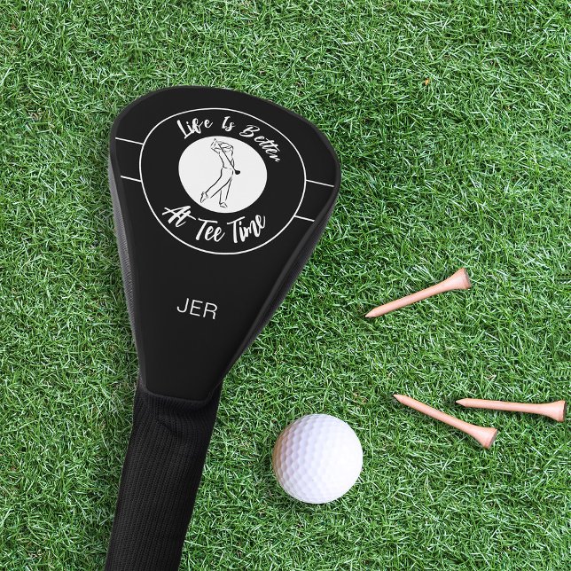 T-Shirt Time Golfer Sports Spaß Monogramm Schwarz- Golf Headcover (Tee Time Golfer Sports Humor Quote Custom Monogram Black White Golf Head Cover For Him)
