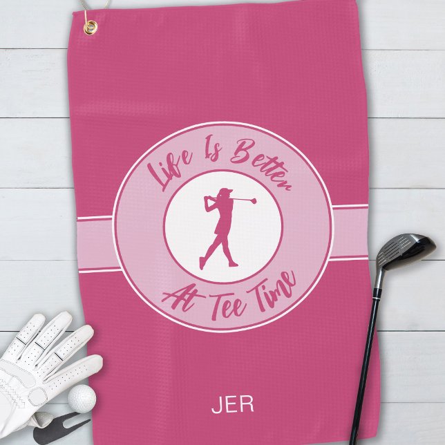 T-Shirt Time Monogram - Pink Spaß Design für sie Golfhandtuch (Tee Time Golfer Humor Sports Monogram Pink For Her Golf Towel)