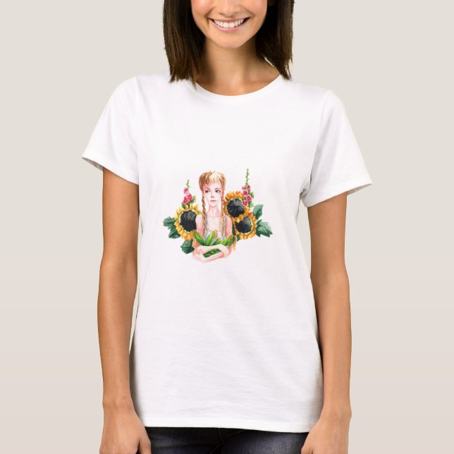 T - Shirt trendy maßgeschneidert. Mädchen mit Blum (Vorderseite)