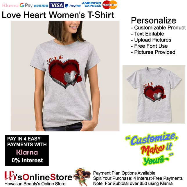 T - Shirt von Heart Light Steel für Frauen (Love Heart Women's T-Shirt with Gray Background.)