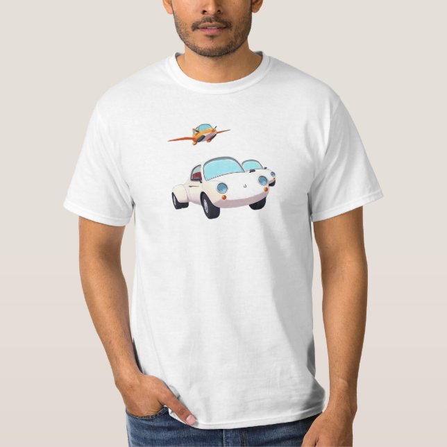 T - Shirt - Weißautos mit schönem Flugzeug oben (Vorderseite)