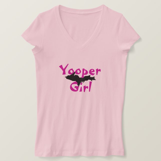 T - Shirt "Yooper Girl" in hellrosa Oberhalbinsel (Design vorne)