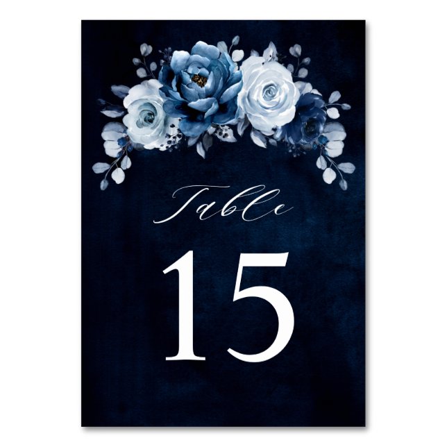 Tab "Dusty Blue Slate Navy Floral Botanical Weddin Tischnummer (Vorderseite)
