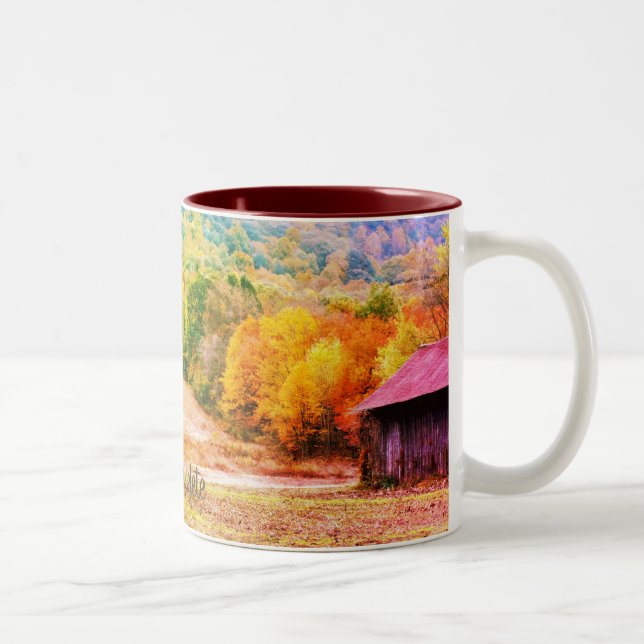 Tabak Barn Fall Foliage Art Zweifarbige Tasse (Rechts)