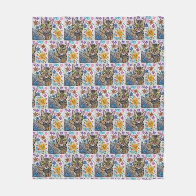 Tabby cat and flowers blanket  fleecedecke (Vorderseite)