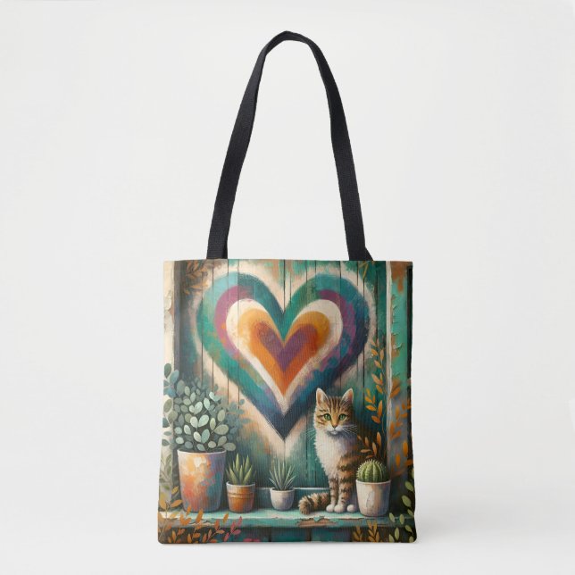 Tabby Cat and Heart Rustic Colorful Art Design (Vorderseite)
