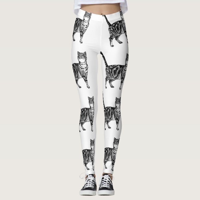 Tabby Cat Animal Black and White Leggings (Vorderseite)