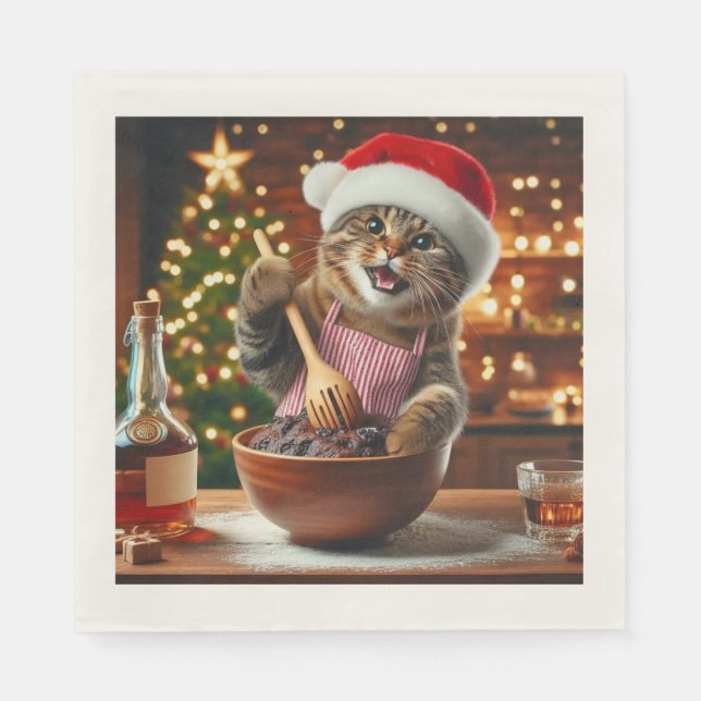 Tabby cat baking boozy christmas pudding  serviette (Vorderseite)