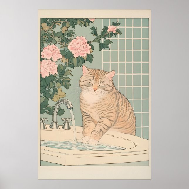 Tabby Cat Bathroom Print Ukiyo-e Japanese Wall Art Poster (Vorne)
