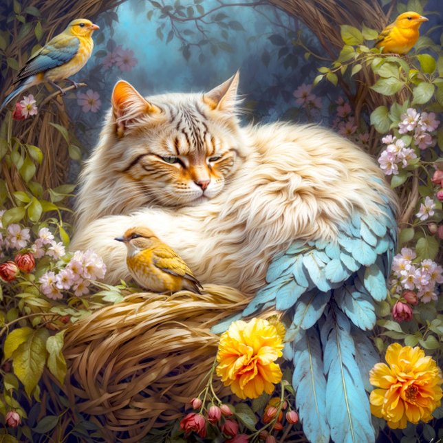 Tabby Cat-Bird Nesting with Three Birds Puzzle (Close- up of artwork)
