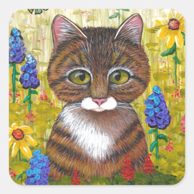 Tabby Cat Blume Blumengestein Quadratischer Aufkleber (Vorderseite)