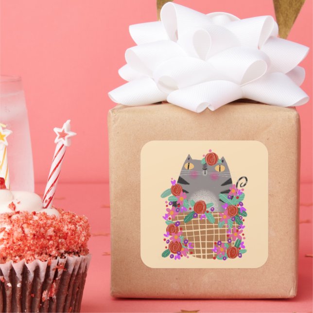 Tabby Cat & Blume Quadratischer Aufkleber (Party)