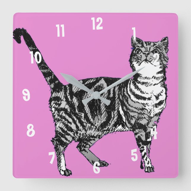 Tabby Cat Cats Art Animal Kinder Hot Pink Deco Quadratische Wanduhr (Vorderseite)