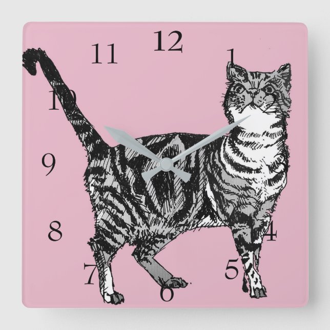 Tabby Cat Cats Art Kinder Quadratische Wanduhr (Vorderseite)