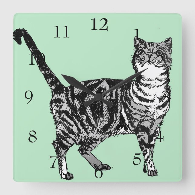 Tabby Cat Cats Art Tierminze Grüne Dekoration Quadratische Wanduhr (Vorderseite)