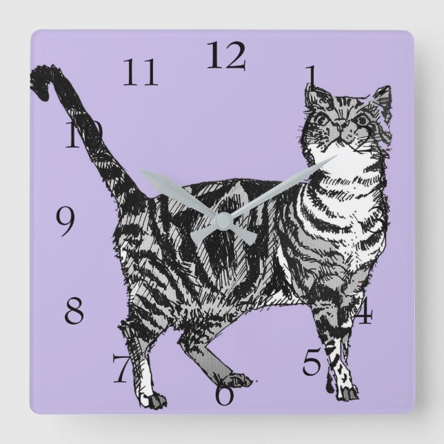 Tabby Cat Cats Art Tierpastel Lila Lavendel Quadratische Wanduhr (Vorderseite)