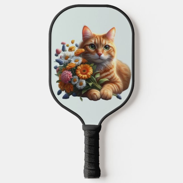 Tabby Cat Charm: Whiskys und Wildblumen Pickleball Schläger (Vorderseite)