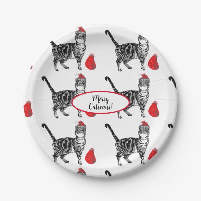 Tabby Cat Christmas Cats Red White Funny Pappteller (Vorderseite)