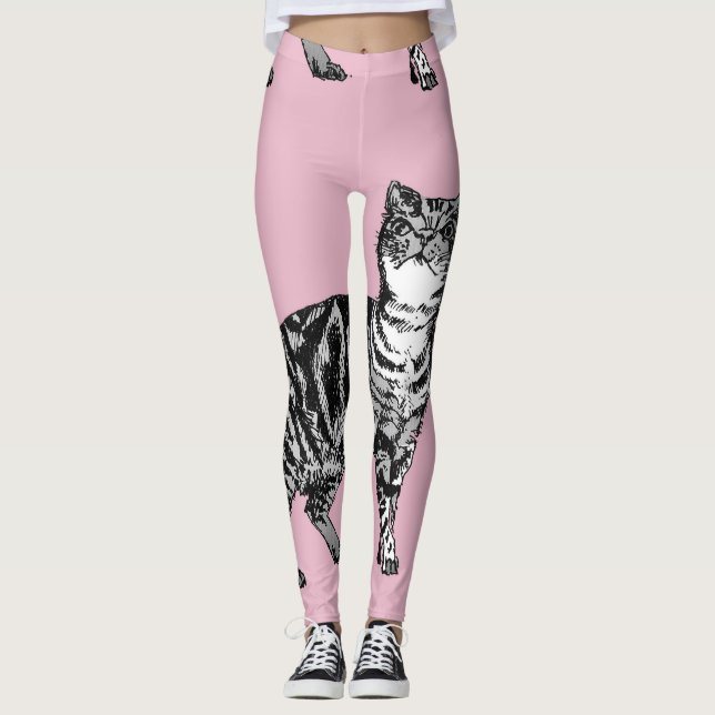 Tabby Cat Cool Animal Black & Baby Pink Leggings (Vorderseite)