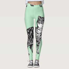 Tabby Cat Cool Animal Black & Mint Green Leggings