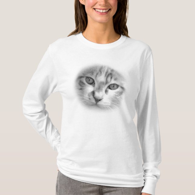 Tabby Cat Face Black and White T-Shirt (Vorderseite)
