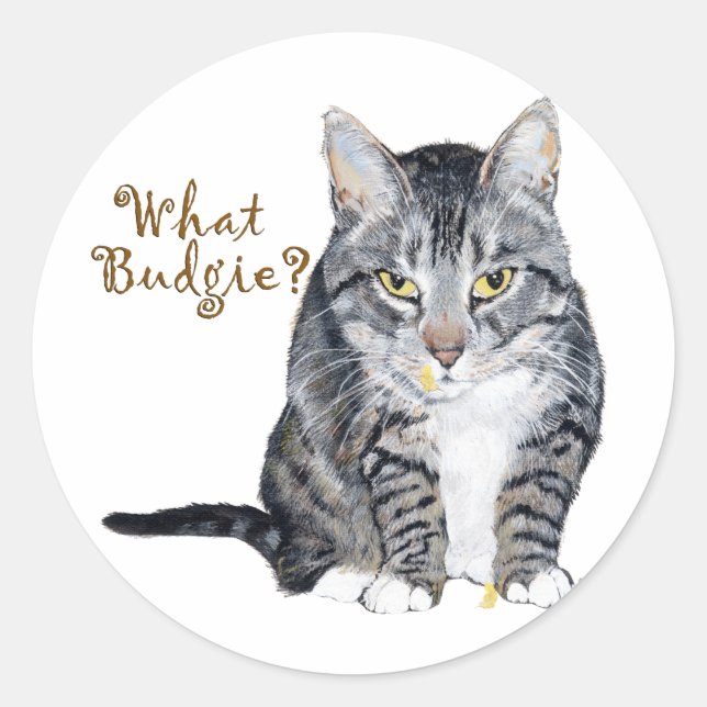 Tabby Cat Frage: Was Budgie? Runder Aufkleber (Vorderseite)